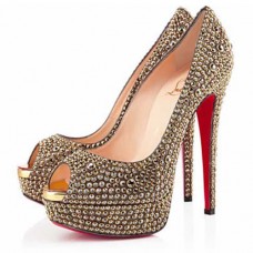 Zapatos de tacón Christian Louboutin Lady Peep Strass de 140 mm con puntera abierta, color dorado. Zapatos de tacón Christian Louboutin Lady Peep Strass de 140 mm con puntera abierta, color dorado.