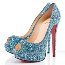 Zapatos de tacón Christian Louboutin Lady Peep Strass de 140 mm con puntera abierta, color azul. Zapatos de tacón Christian Louboutin Lady Peep Strass de 140 mm con puntera abierta, color azul.