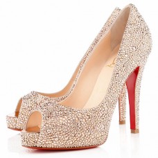 Zapatos de tacón con puntera abierta Very Riche Strass de Christian Louboutin, 120 mm, color nude. Zapatos de tacón con puntera abierta Very Riche Strass de Christian Louboutin, 120 mm, color nude.