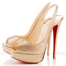 Zapatos de tacón Christian Louboutin Lady Peep de 140 mm con tira trasera, color dorado. Zapatos de tacón Christian Louboutin Lady Peep de 140 mm con tira trasera, color dorado.